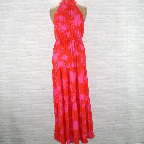 None Dresses & Skirts - Dress Maxi Halter Floral Tiered Tropical Summer Sleeveless Orange Pink Small